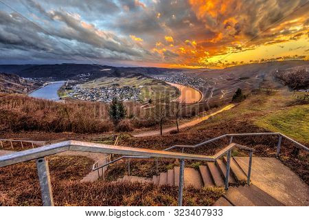Spectacular Sunset Over Mosel River Valley Near Krov, Germany