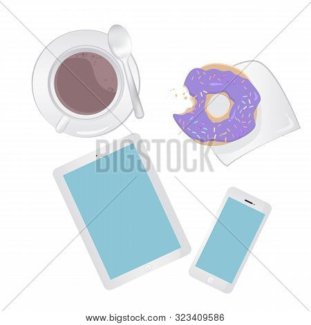 Breakfast Concept Top View. Set Smartphone, Tablet, Coffee And Donut
