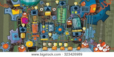 Cartoon Scene With Ufo Machine In Science Fiction Factory - Aliens Creating Or Repairing - Illustrat