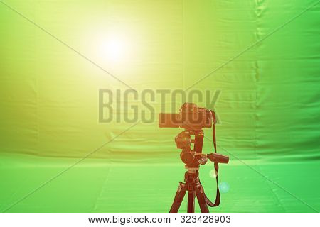 Videographer Taking Video Camera, Camera Equipment Film Stand By On Green Screen.