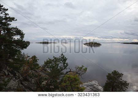 Island In The Lake, (sea, Ocean). Northern Sandy Beach. Russia, Karelia, Lake Ladoga, Kojonsaari. Ro