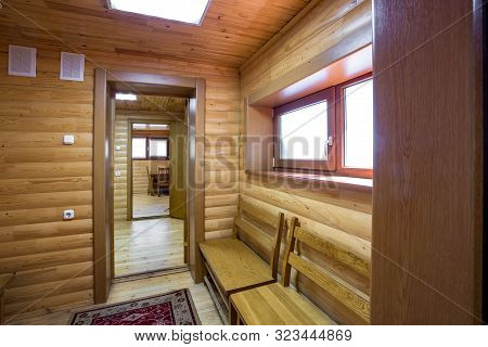 Grodno, Belarus -  August 2019: Hall On Attic Of Wooden Vacation Eco House