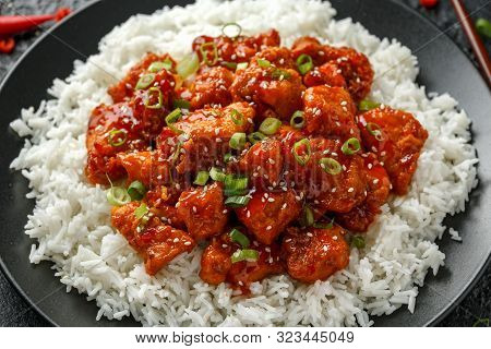 Tsos Chicken With Rice, Green Onion And Broccoli