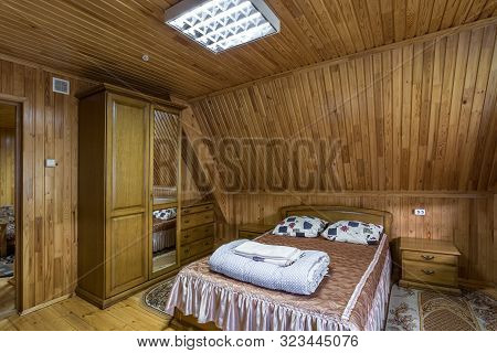 Grodno, Belarus -  August 2019: Living Bedroom On Attic Of Wooden Vacation Eco House