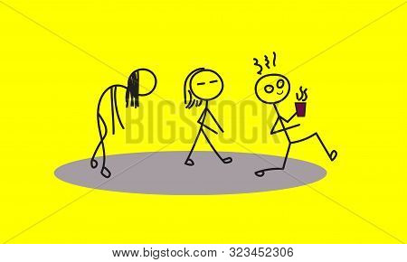Stick Man With Coffee Running To Work. Vector Illustration
