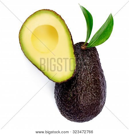 Avocado Isolated. Tropical Hass Avocado With Leaves On White Background. Creative Layout. Flat Lay. 