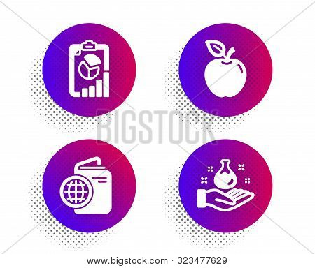 Travel Passport, Report And Apple Icons Simple Set. Halftone Dots Button. Chemistry Lab Sign. Trip D