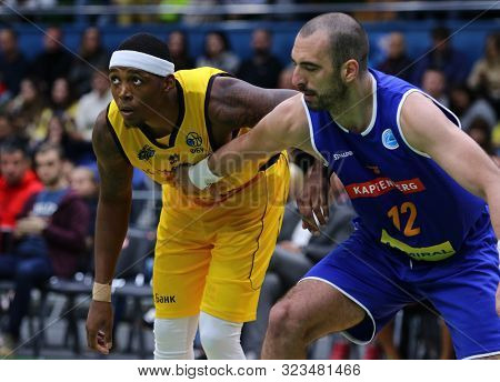 Kyiv, Ukraine - September 20, 2019: Kyndahl Hill Of Bc Kyiv Basket (l) And Marino Sarlija Of Kapfenb