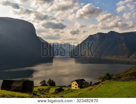 Local Houses At The Edge Of The Fjord In Norway.
