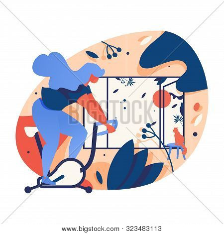 Vector Concept Illustration With Woman Riding Exercise Bicycle At Home. Interior Scene Dran With Bri