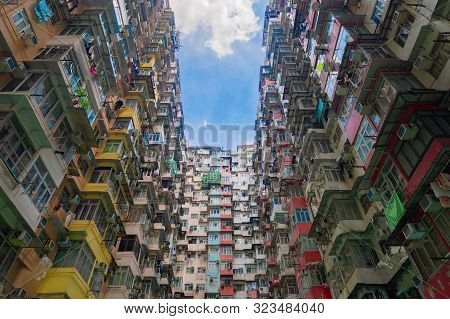 Yick Fat Building, Quarry Bay, Hong Kong Downtown. Residential Area In Old Crowded Apartments. High-