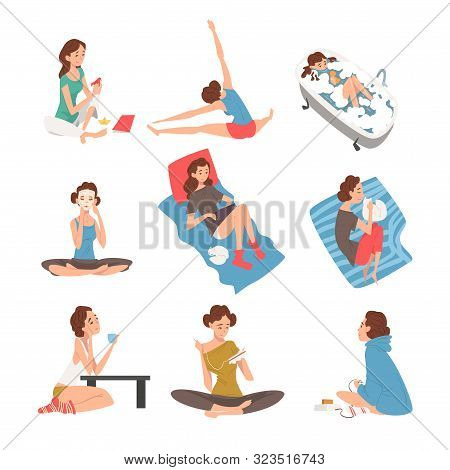 Women Daily Activities Set, Girl Playing Video Games, Doing Sports, , Knitting, Playing Solitaire, C