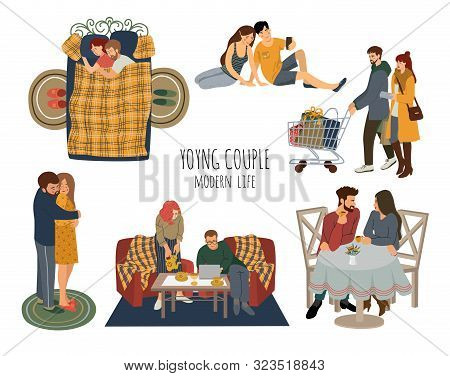 Bundle Of Young Couples In Love Spending Time Together - Drinking Tea At Cafe And At Home, Shopping,