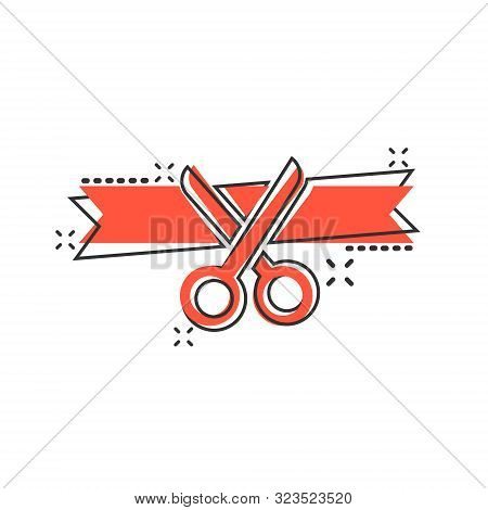 Scissors Icon In Comic Style. Cutting Ribbon Vector Cartoon Illustration On White Isolated Backgroun