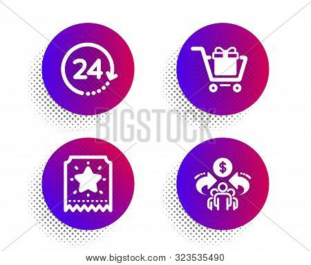 Loyalty Ticket, Shopping Cart And 24 Hours Icons Simple Set. Halftone Dots Button. Sharing Economy S