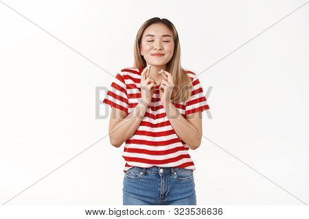 Promise Behave Well Just Fulfill My Dreams. Dreamy Cute Optimistic Asian Blond Girl 20s Close Eyes S