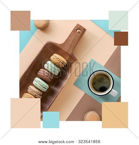Color Matching Complementary Palette From Macarons And Expresso, Flat Lay On Geometric Paper Backgro