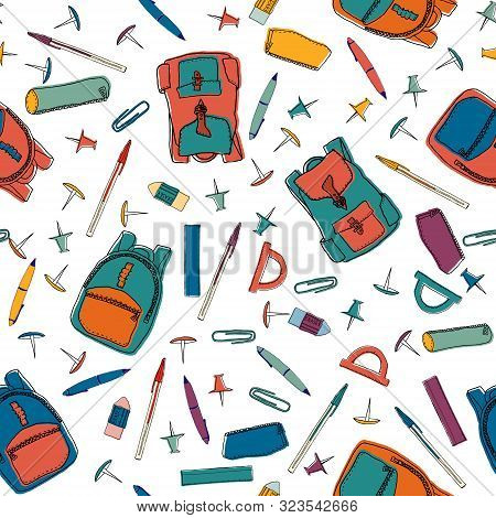 Colorful Hand Drawn Seamless Pattern Made Of Stationery Items. Vector Illustration With School Items