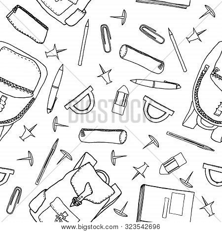 Hand Drawn School Stationery Seamless Pattern. Vector Illustration With Outline Stationery Items For
