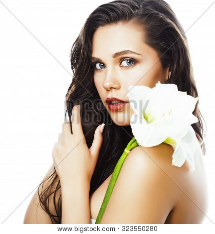Young Pretty Woman With Amarilis Flower Close Up Isolated On White, Hands Manicure, Spa People Conce