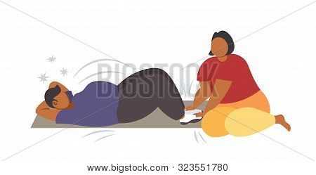 Fat Man Doing Sit-ups Abdominal Exercises With Overweight Woman Holding His Legs African American Ob