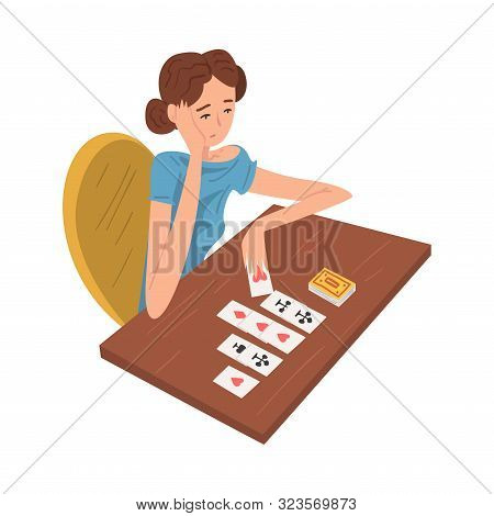 Young Woman Laying Out Playing Cards, Girl Playing Solitaire Vector Illustration