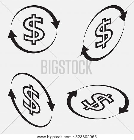 Set Of Icons Of Coins Dollar Sign. Return. Turnover Of Money. The Planimetric Drawing In Different I