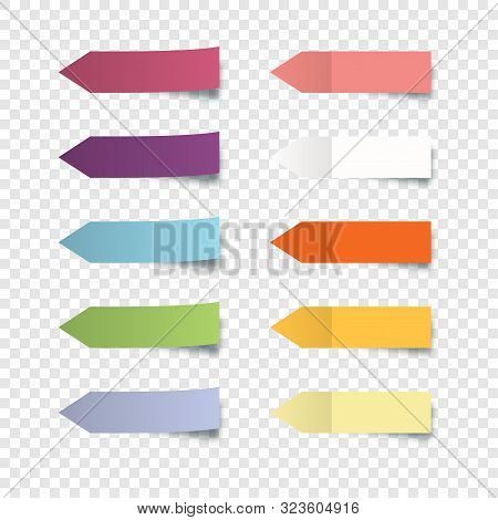 Set Of Colorful Stickers. Collection Oblong Colorful Arrow Shaped Sticker With Peeling Off Edge Real