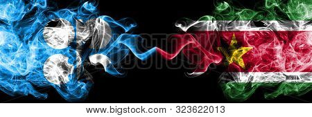 Opec Vs Suriname, Surinamese Abstract Smoky Mystic Flags Placed Side By Side. Thick Colored Silky Sm