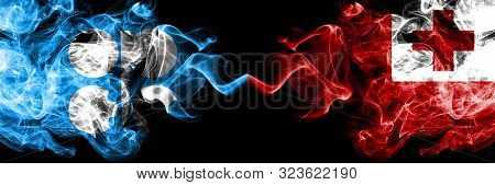 Opec Vs Tonga, Tongan Abstract Smoky Mystic Flags Placed Side By Side. Thick Colored Silky Smoke Fla