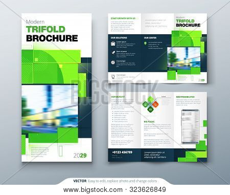 Green Tri Fold Brochure Design With Square Shapes. Corporate Business Template For Tri Fold Flyer. C
