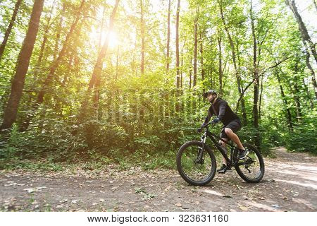 Male Cyclist Riding On Rorest Road, Active Summer Lifestyle, Copy Space