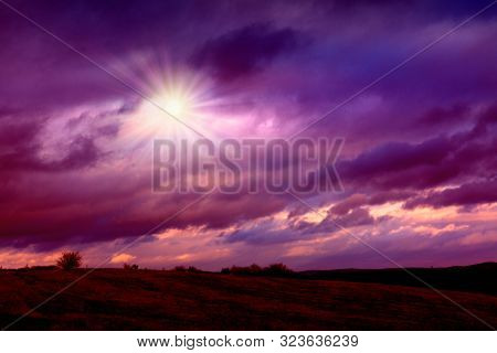 Beautiful Sunset Landscape With Lilac Sky And Dramatik Clouds Nature Landscape.