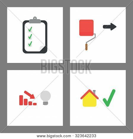 Vector Icon Concept Set. Clipboard With Check Marks, Paint Toller Painting, Bad Idea And Sales Down,