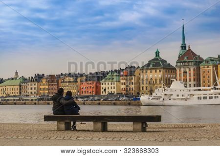 Stockholm Sweden, City Skyline At Gamla Stan And Slussen With Love Couple
