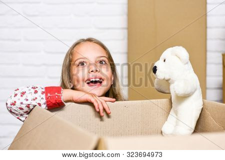 Relocating Delivery Services. Delivering Happiness. Little Child Open Post Package With Toys. Delive