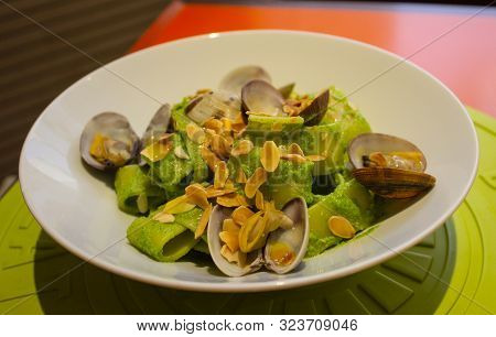 Pasta With Seafood On Plate At Italy