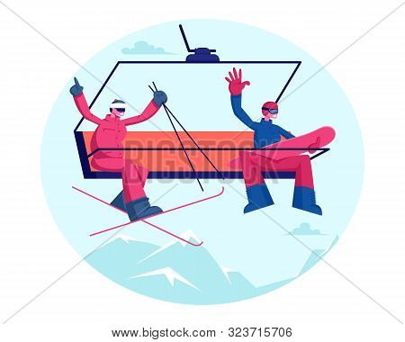 Happy Couple Rise To Ski Lift Elevator Waving Hands. Sportsmen Skier And Snowboarder Go Up Hill On C