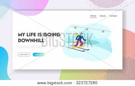 Young Man Skier Going Downhill By Skis Website Landing Page. Winter Time Sports Outdoors Leisure And
