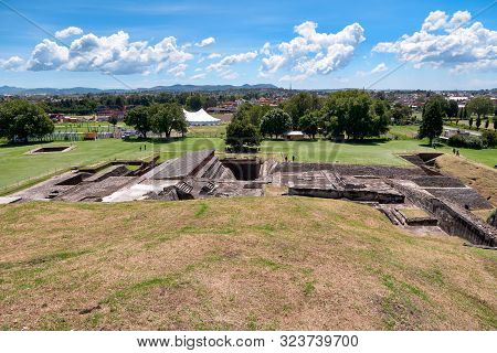 San Andres Cholula, Mexico, September 30, 2018 - High Angle View Of Great Pyramid Of Cholula Ruins W