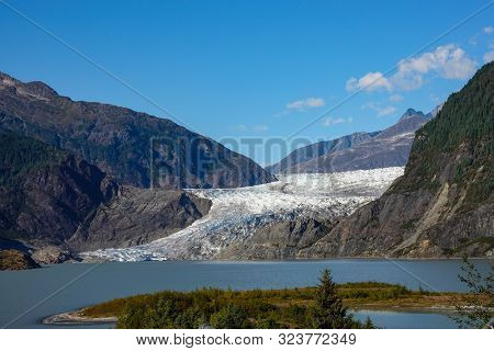 A View Of Mendenhall Glacier In The Tongass National Forrest In Juneau, Alaska.
