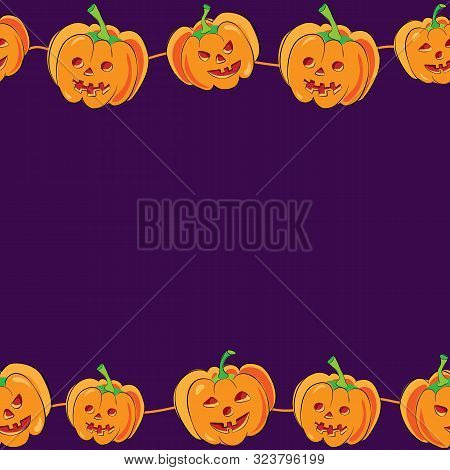 Vector Horizontal Seamless Halloween Banner With Cartoon Cute And Funny Pumpkins On Purple Backgroun
