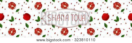 Rosh Hasanah. New Year Banner With Pomegranate, Leaf Pettern. Happy New Year In Israeli.
