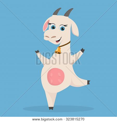 Funny Goat Character Design. Happy, Smiling White Nanny-goat With Big Eyes. Farm Animal.  Cartoon Ve