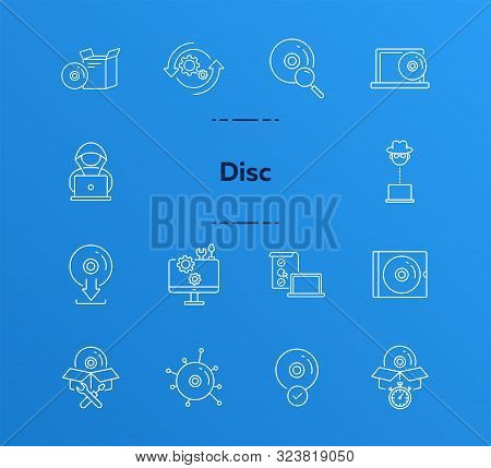 Disc Icons. Set Of Line Icons. Cd Scan, Box For Cd, Setting Cd. Software Product Concept. Vector Ill