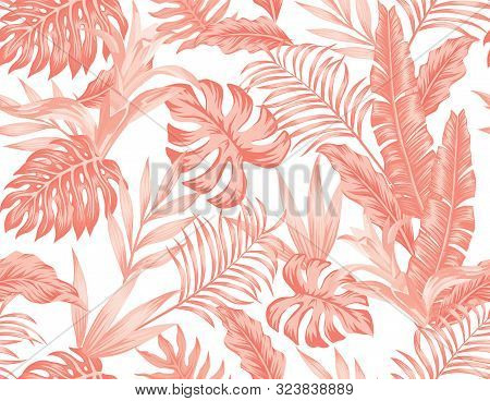 Flowers Bromeliad And Tropical Leaves In Artistic Monochrome Living Coral Color. Summer Hawaii Seaml