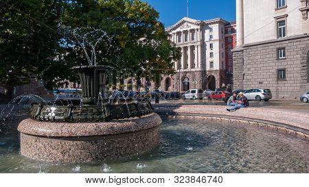 Sofia, Bulgaria - October 5, 2018: Fountain At Atanas Burov Square , Sofia, Bulgaria