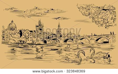 Vector Hand Drawing Illustration Cityscape Of Charles Bridge And Swans In Vltava River In Prague. La