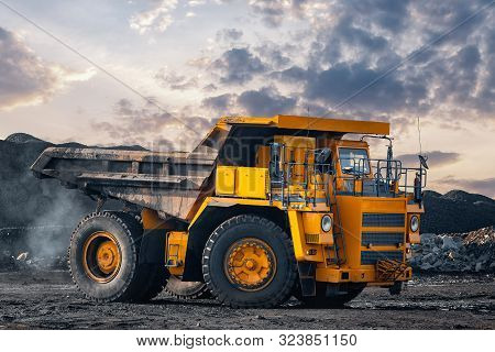 Big Yellow Mining Truck Laden Anthracite Moves Open Pit Coal Mine