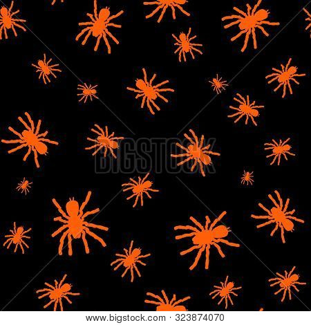 Seamless Pattern With Orange Silhouette Of Spider On Black Background. Halloween Decorative Texture.